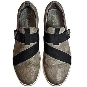 Clarks Collection Tawnia Womens Sz 11 Gold Sheen Black Strap Slip-On Shoes